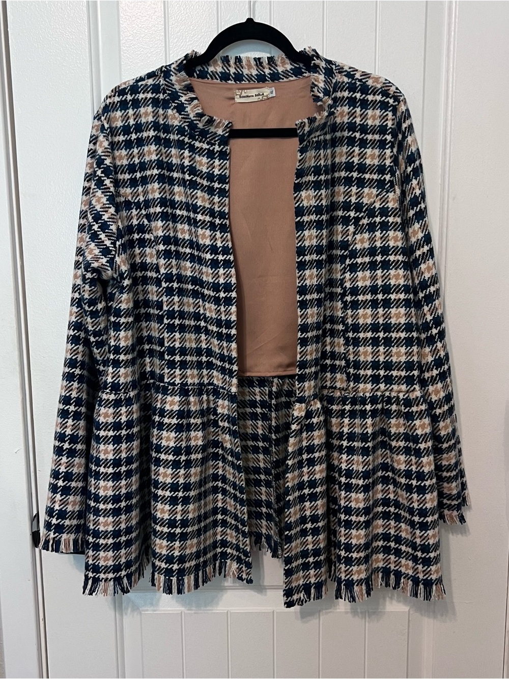 Plaid Peplum Fringe Jacket in Navy and Cream
